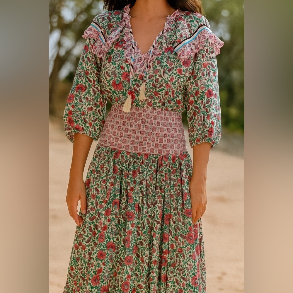 Diane Freis Colorful Floral Flower Striped Sleeve Dress